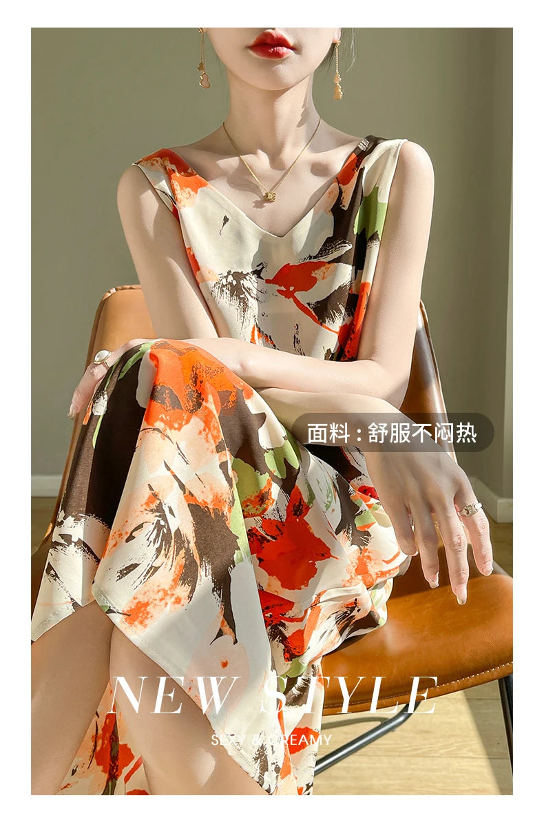 Summer new French silk vest dress for women, acetate satin V-neck light mature fashion floral A-line mid length skirt
