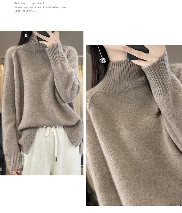 Women's High-Necked Cashmere Sweater 100% Soft Wool Thickened Lazy Raglan Sweater with Slit for Autumn Winter Comfortable Waxy W