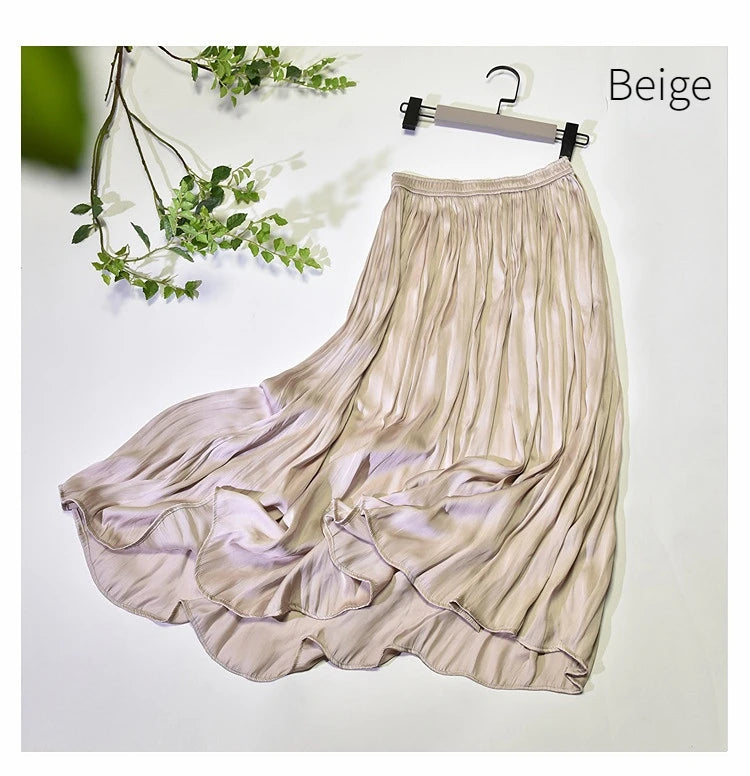 Summer Silky Skirt Elastic High Waist Glossy Silky Long Skirt Milk Silk A-line Long Skirts Women Beach Pearlescent Dress