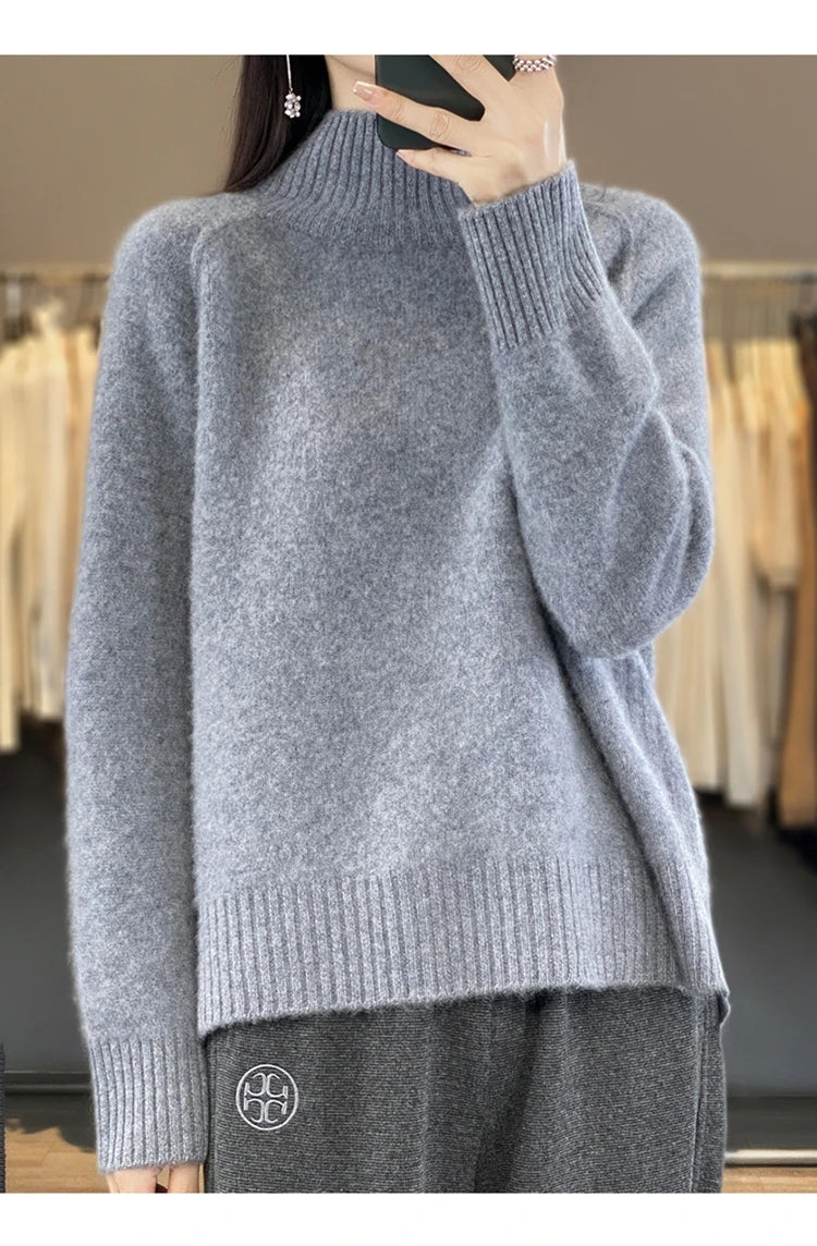 Women's High-Necked Cashmere Sweater 100% Soft Wool Thickened Lazy Raglan Sweater with Slit for Autumn Winter Comfortable Waxy W