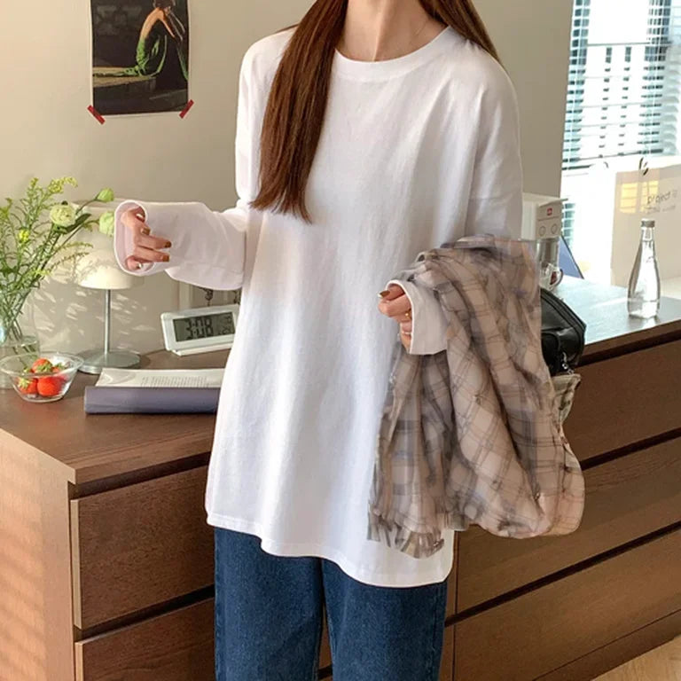 White Pure Color Women T-shirt Student Early Autumn Long Sleeve Tank Top Casual Style Polyester Fabric Comfortable Slim Fit