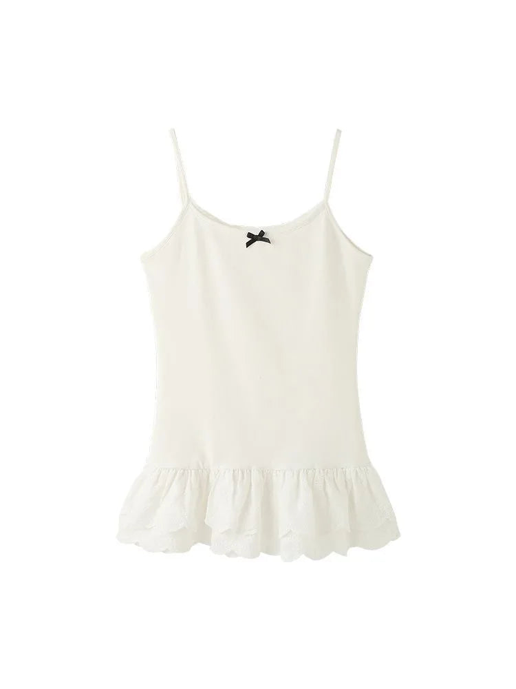 Bow Lace Patchwork Hem Cami White Top Women Camisole Long Ruffle Sleeveless 2025 Spring Autumn Y2K Korean Kawaii Camis Black