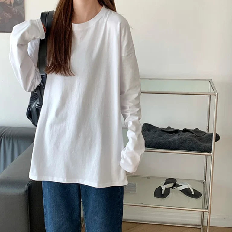 White Pure Color Women T-shirt Student Early Autumn Long Sleeve Tank Top Casual Style Polyester Fabric Comfortable Slim Fit