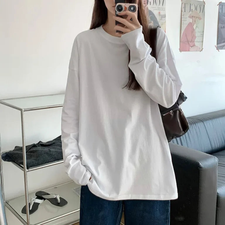 White Pure Color Women T-shirt Student Early Autumn Long Sleeve Tank Top Casual Style Polyester Fabric Comfortable Slim Fit