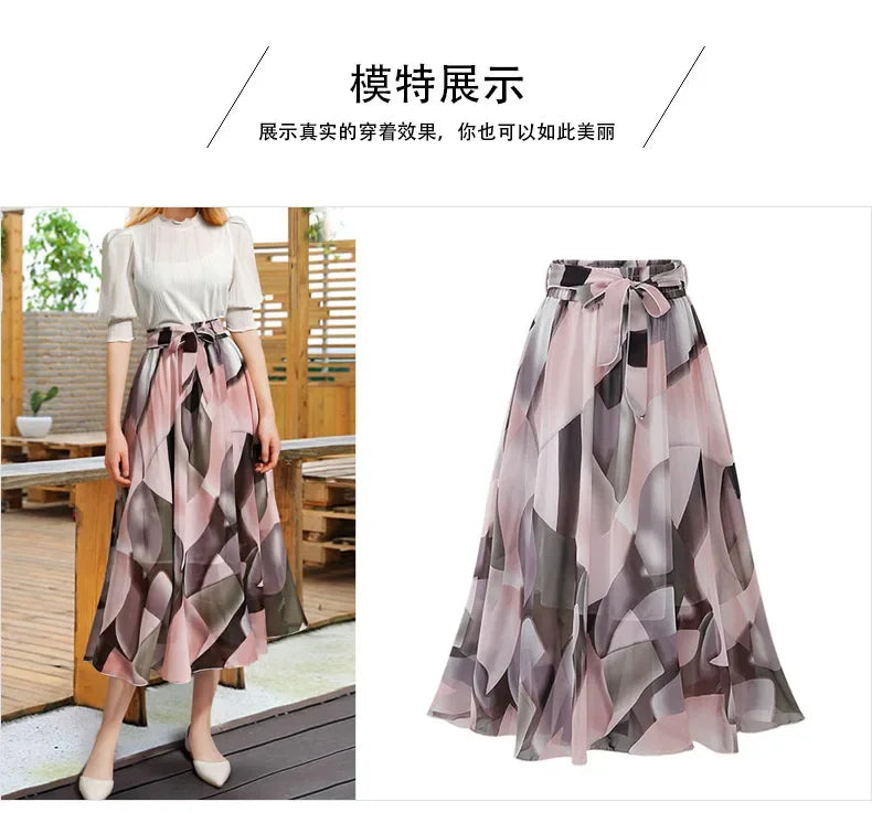 Women Chiffon Half-body Skirt,Female Summer Section of The Medium-length Floral Skirts High-waisted A-line Yarn Skirt Asian Size