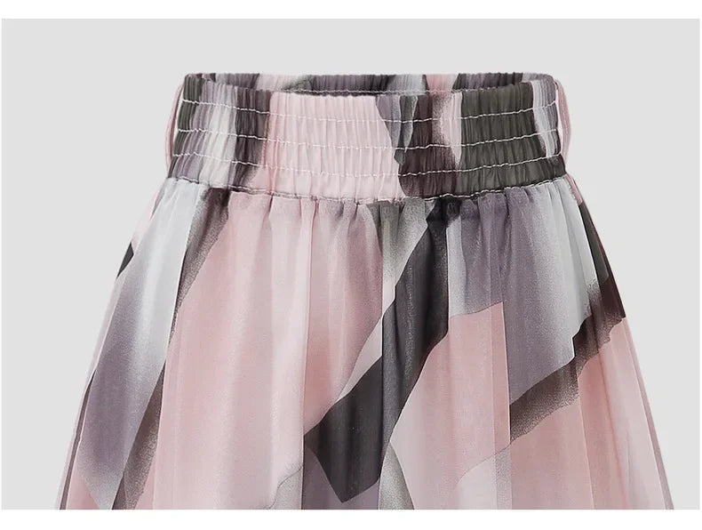 Women Chiffon Half-body Skirt,Female Summer Section of The Medium-length Floral Skirts High-waisted A-line Yarn Skirt Asian Size