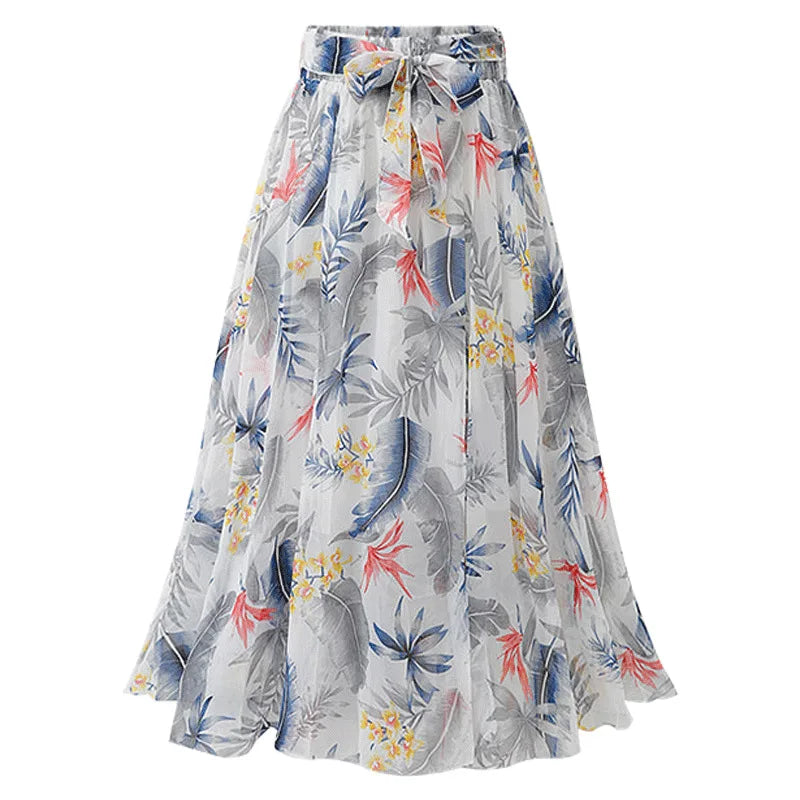 Women Chiffon Half-body Skirt,Female Summer Section of The Medium-length Floral Skirts High-waisted A-line Yarn Skirt Asian Size