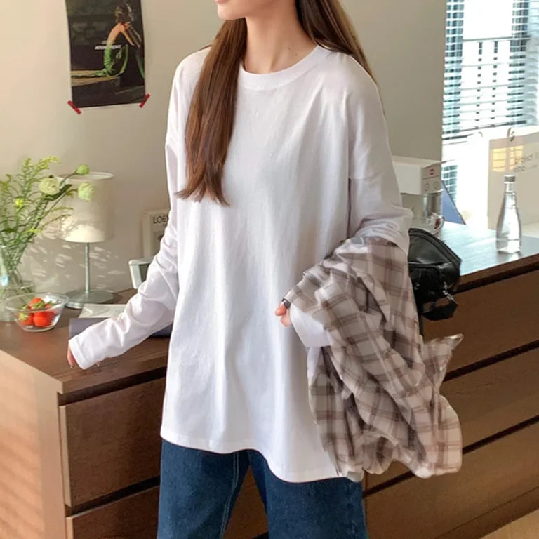 White Pure Color Women T-shirt Student Early Autumn Long Sleeve Tank Top Casual Style Polyester Fabric Comfortable Slim Fit