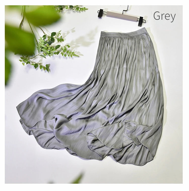 Summer Silky Skirt Elastic High Waist Glossy Silky Long Skirt Milk Silk A-line Long Skirts Women Beach Pearlescent Dress