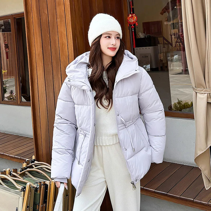 Women's Winter Padded Coat Solid Color Drawstring Waist-cinching Pockets Quilted Jacket For Female Minimalist Lady's Jacket