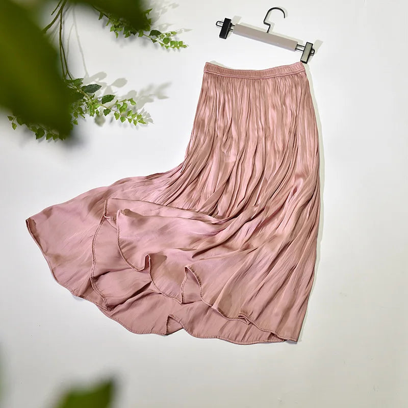 Summer Silky Skirt Elastic High Waist Glossy Silky Long Skirt Milk Silk A-line Long Skirts Women Beach Pearlescent Dress