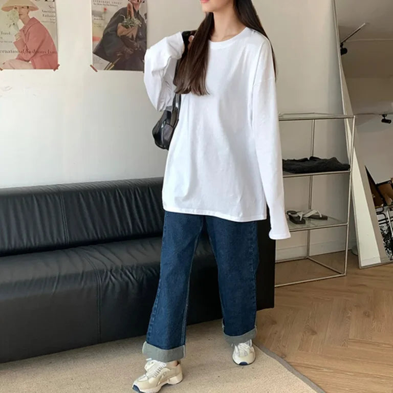 White Pure Color Women T-shirt Student Early Autumn Long Sleeve Tank Top Casual Style Polyester Fabric Comfortable Slim Fit