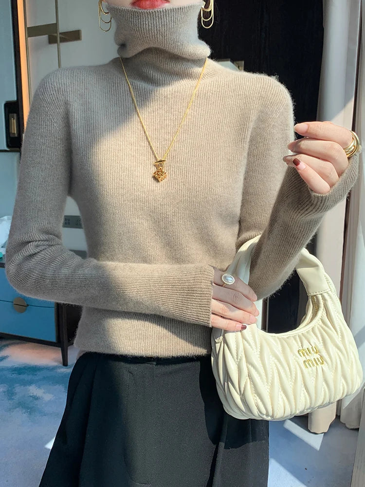 Grace Women Slim Sweater Pullover Turtleneck Basic Cashmere Autumn Winter 100% Merino Wool Knitwear Soft High-end Threaded Tops