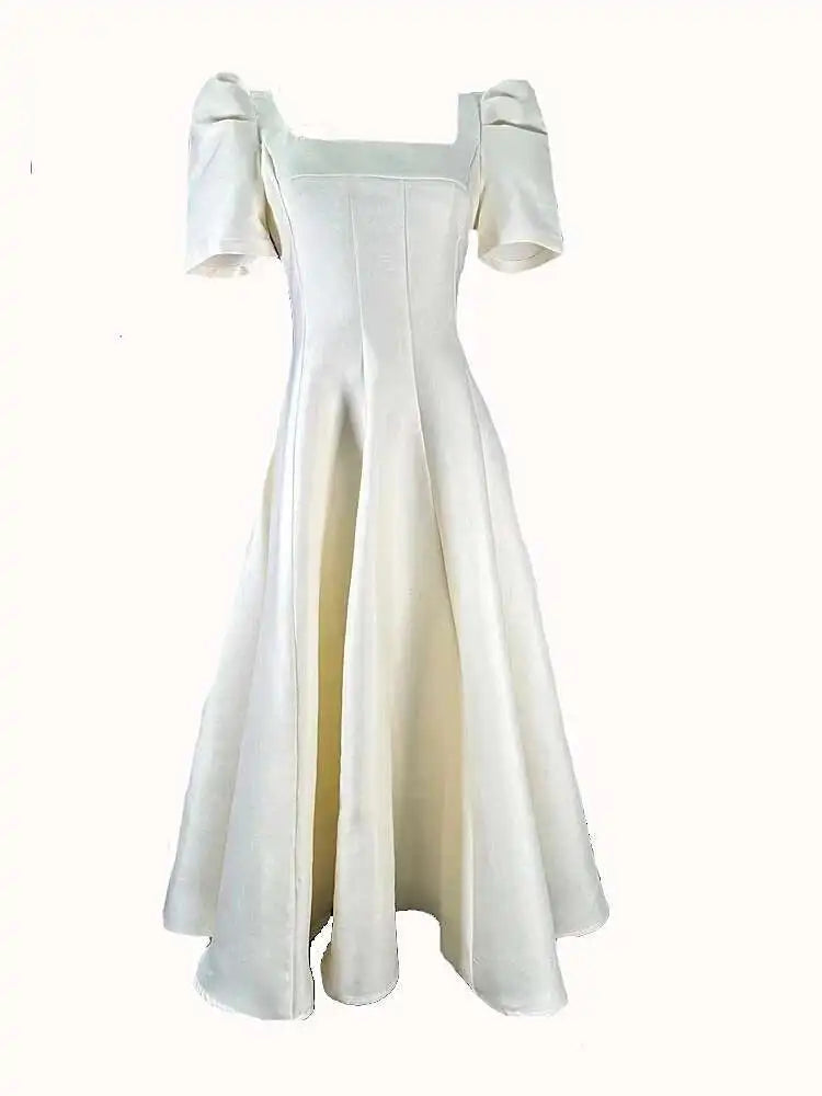 JAMERARY Summer Women Dress Long French Hepburn Style Fashion Party Elegant Square Collar Short Sleeve Midi Vestidos Party Robe