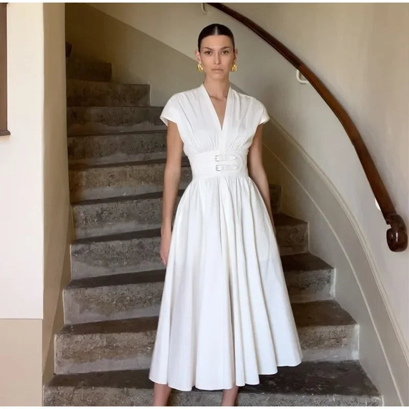 Fashion White Party Long Dress 2024 Women Elegant Pleated Waist Belt Flying Sleeve Office Robe New Lady Street Dresses