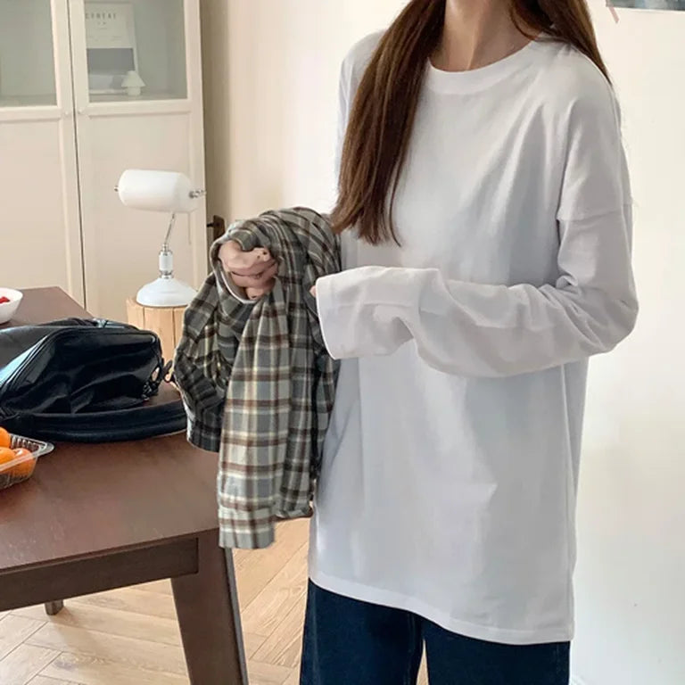 White Pure Color Women T-shirt Student Early Autumn Long Sleeve Tank Top Casual Style Polyester Fabric Comfortable Slim Fit