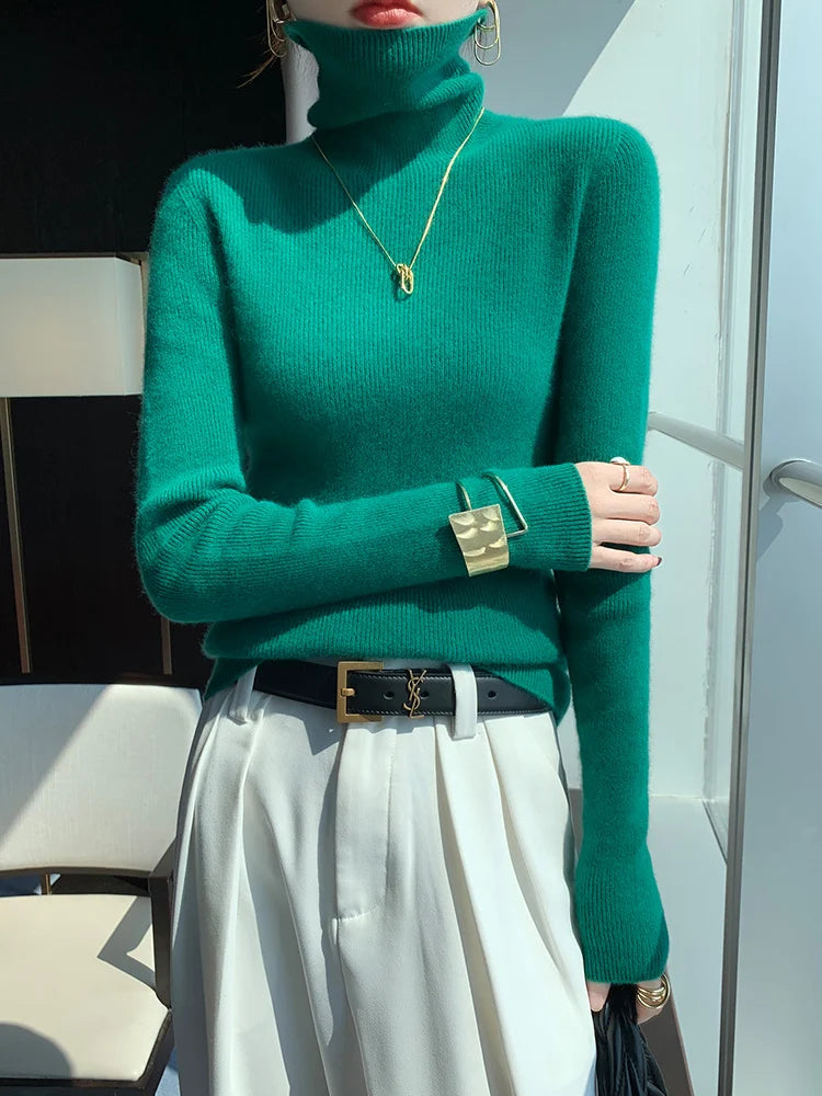 Grace Women Slim Sweater Pullover Turtleneck Basic Cashmere Autumn Winter 100% Merino Wool Knitwear Soft High-end Threaded Tops
