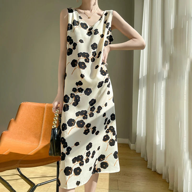 Summer new French silk vest dress for women, acetate satin V-neck light mature fashion floral A-line mid length skirt