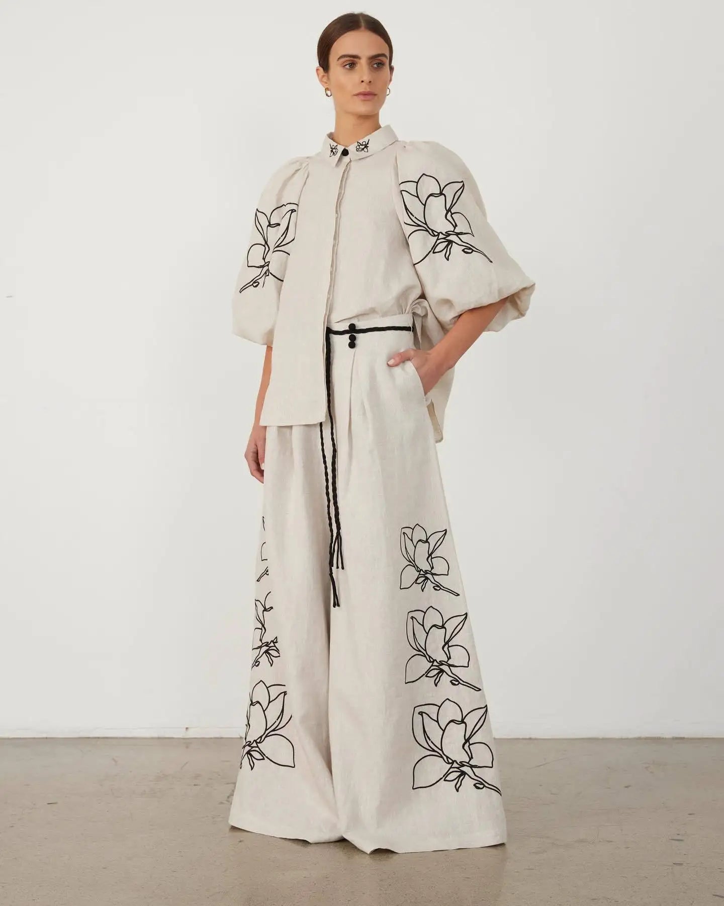 Cotton Linen Women Elegant Two Piece Set Loose Long Sleeve Printed Shirt and High Waist Wide Leg Pants Set Casual Womens Outfits