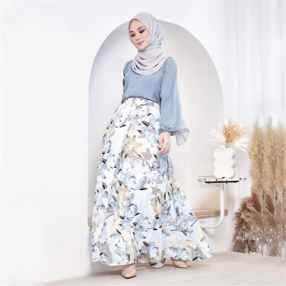 Elegant Muslim Women Floral Print High Waist A-line Skirt Turkey Arab Long Maxi Dress Medium Length Dubai Islamic Skirt Clothing