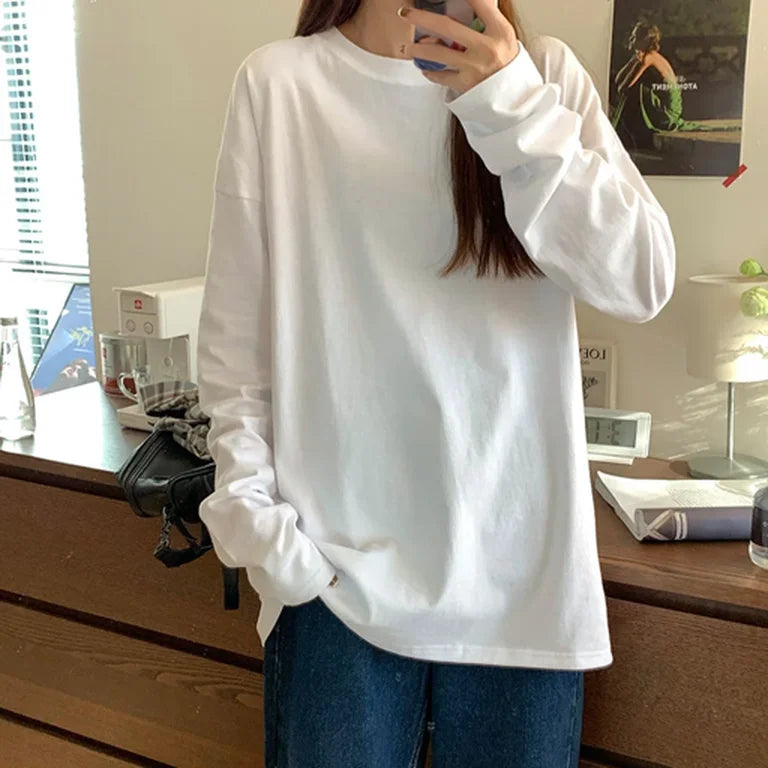 White Pure Color Women T-shirt Student Early Autumn Long Sleeve Tank Top Casual Style Polyester Fabric Comfortable Slim Fit