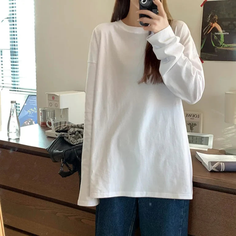 White Pure Color Women T-shirt Student Early Autumn Long Sleeve Tank Top Casual Style Polyester Fabric Comfortable Slim Fit