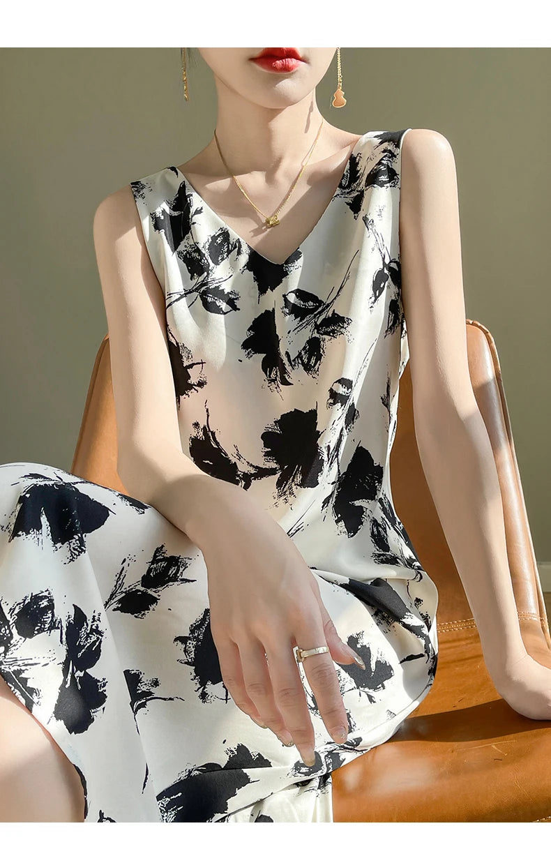 Summer new French silk vest dress for women, acetate satin V-neck light mature fashion floral A-line mid length skirt