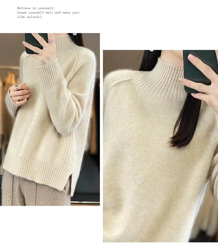 Women's High-Necked Cashmere Sweater 100% Soft Wool Thickened Lazy Raglan Sweater with Slit for Autumn Winter Comfortable Waxy W