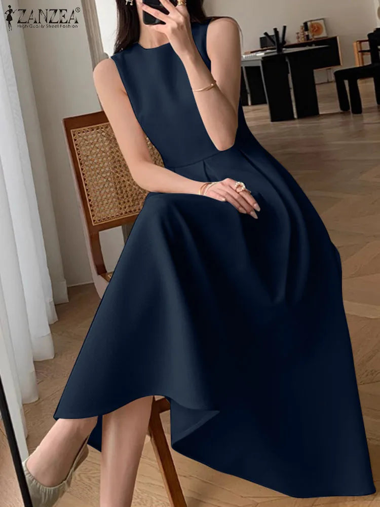ZANZEA Women Sleeveless Pleated Dress 2024 Summer Korean A-line Tank Evening Dress Elegant Swing Vestido Vintage Party Long Robe