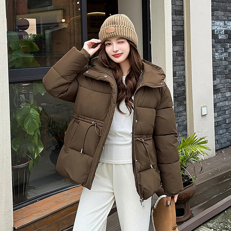 Women's Winter Padded Coat Solid Color Drawstring Waist-cinching Pockets Quilted Jacket For Female Minimalist Lady's Jacket