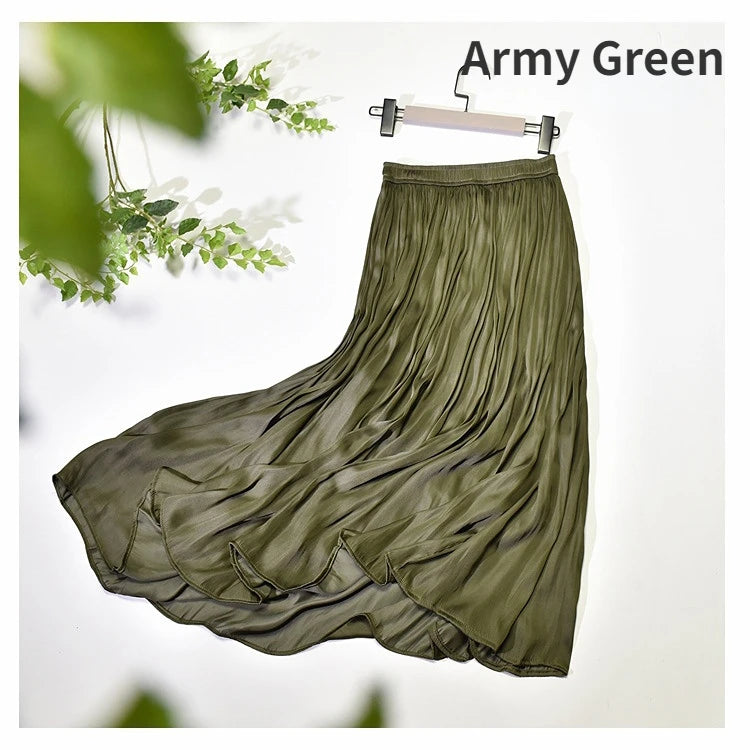 Summer Silky Skirt Elastic High Waist Glossy Silky Long Skirt Milk Silk A-line Long Skirts Women Beach Pearlescent Dress