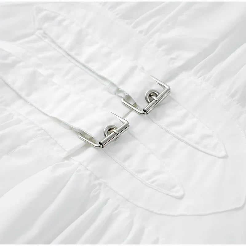 Fashion White Party Long Dress 2024 Women Elegant Pleated Waist Belt Flying Sleeve Office Robe New Lady Street Dresses