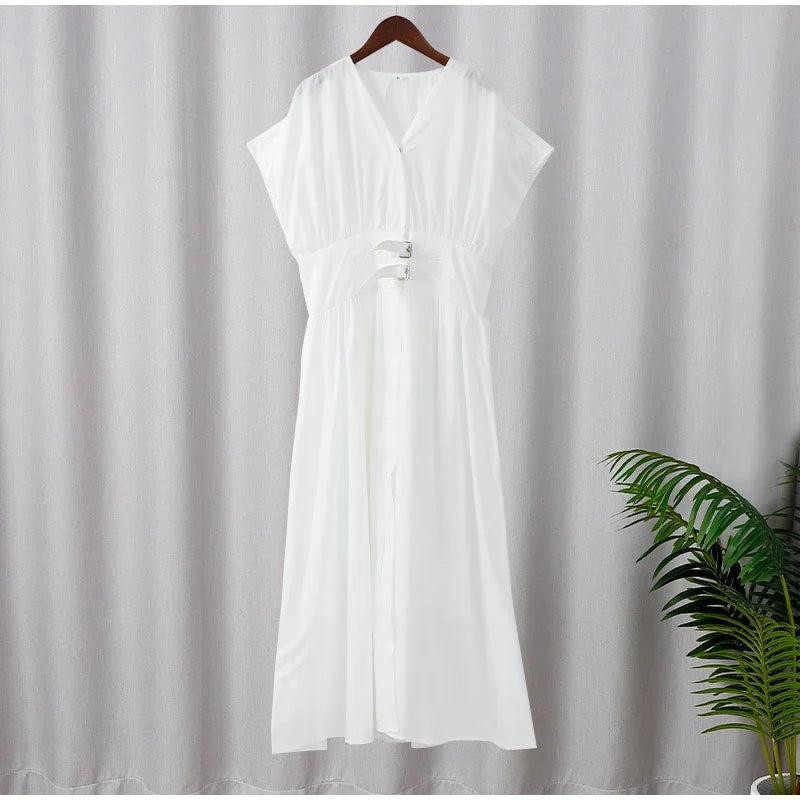 Fashion White Party Long Dress 2024 Women Elegant Pleated Waist Belt Flying Sleeve Office Robe New Lady Street Dresses