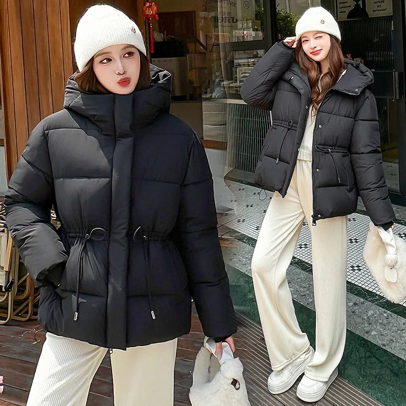 Women's Winter Padded Coat Solid Color Drawstring Waist-cinching Pockets Quilted Jacket For Female Minimalist Lady's Jacket