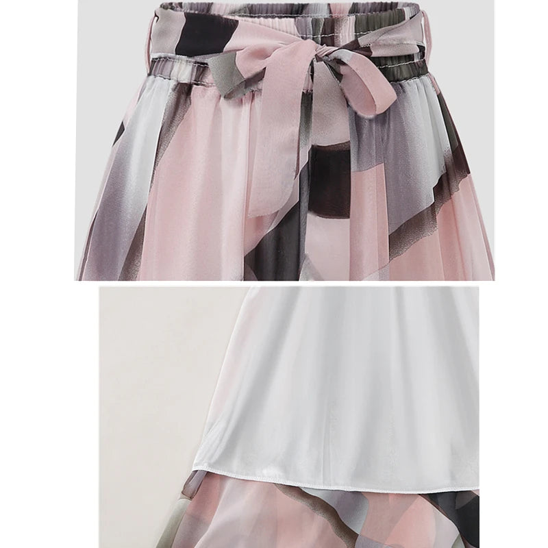 Women Chiffon Half-body Skirt,Female Summer Section of The Medium-length Floral Skirts High-waisted A-line Yarn Skirt Asian Size