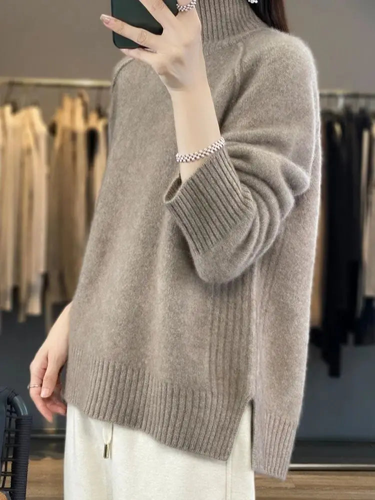 Women's High-Necked Cashmere Sweater 100% Soft Wool Thickened Lazy Raglan Sweater with Slit for Autumn Winter Comfortable Waxy W