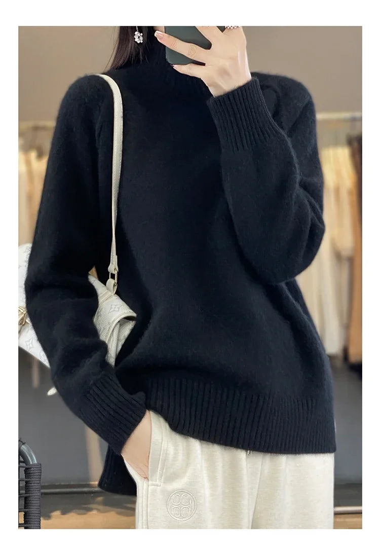 Women's High-Necked Cashmere Sweater 100% Soft Wool Thickened Lazy Raglan Sweater with Slit for Autumn Winter Comfortable Waxy W