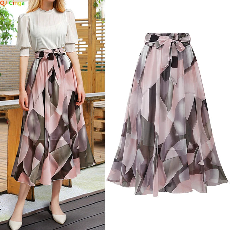 Women Chiffon Half-body Skirt,Female Summer Section of The Medium-length Floral Skirts High-waisted A-line Yarn Skirt Asian Size