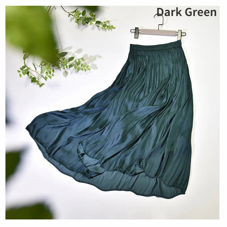 Summer Silky Skirt Elastic High Waist Glossy Silky Long Skirt Milk Silk A-line Long Skirts Women Beach Pearlescent Dress