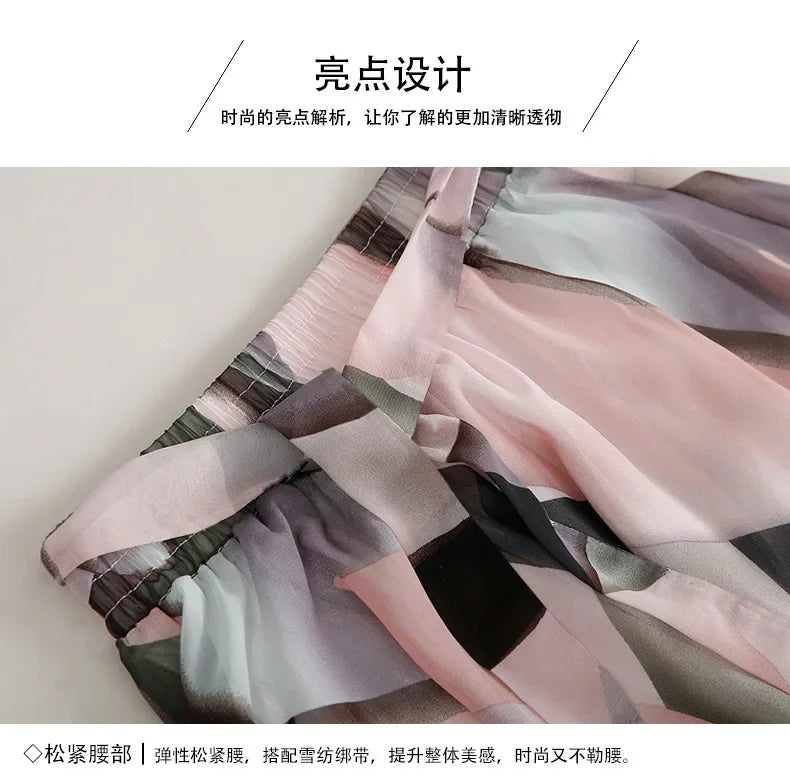 Women Chiffon Half-body Skirt,Female Summer Section of The Medium-length Floral Skirts High-waisted A-line Yarn Skirt Asian Size