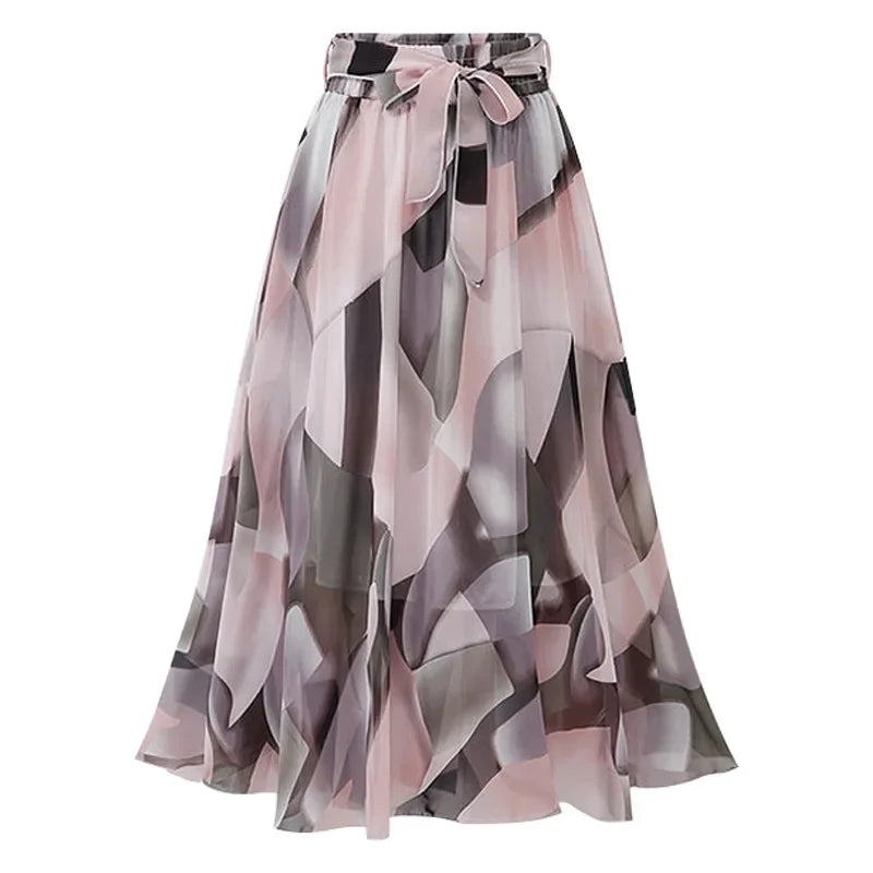 Women Chiffon Half-body Skirt,Female Summer Section of The Medium-length Floral Skirts High-waisted A-line Yarn Skirt Asian Size