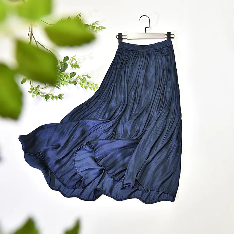 Summer Silky Skirt Elastic High Waist Glossy Silky Long Skirt Milk Silk A-line Long Skirts Women Beach Pearlescent Dress