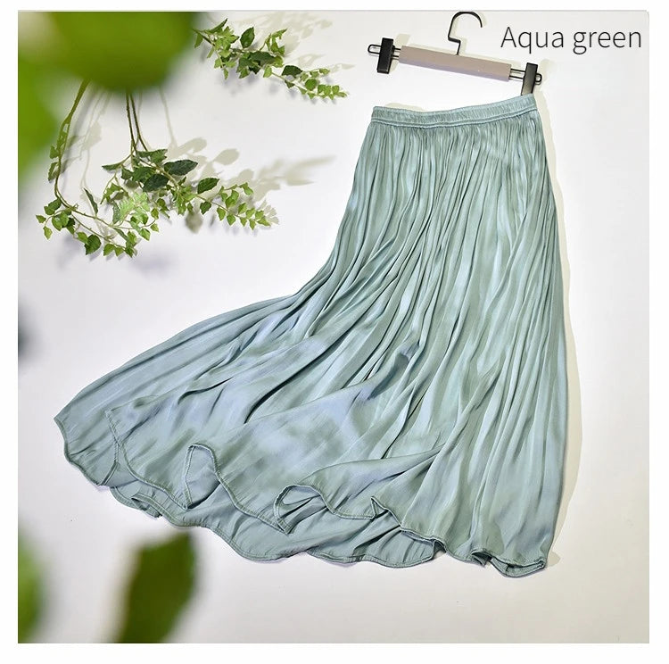 Summer Silky Skirt Elastic High Waist Glossy Silky Long Skirt Milk Silk A-line Long Skirts Women Beach Pearlescent Dress
