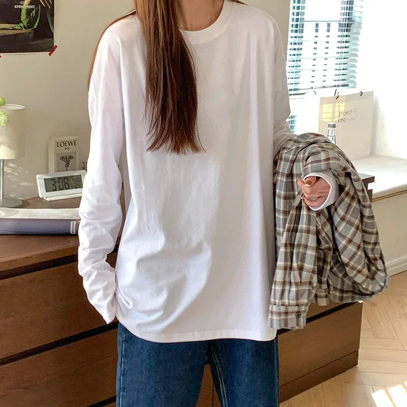 White Pure Color Women T-shirt Student Early Autumn Long Sleeve Tank Top Casual Style Polyester Fabric Comfortable Slim Fit