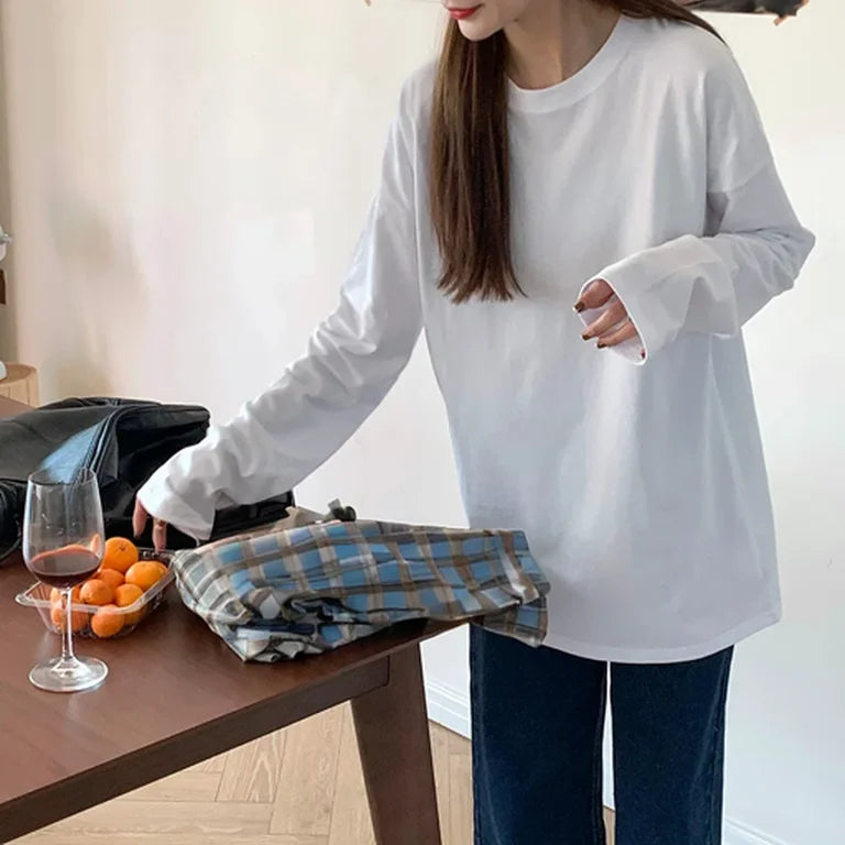 White Pure Color Women T-shirt Student Early Autumn Long Sleeve Tank Top Casual Style Polyester Fabric Comfortable Slim Fit