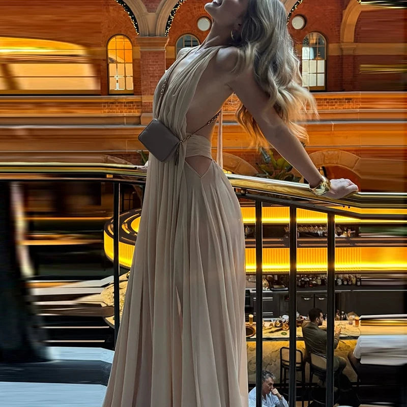 Fashion Full Length Gala Party Dress Vestidos Luxury Women High Waist Evening Dress Elegant V Neck Mesh Backless Evening Dress