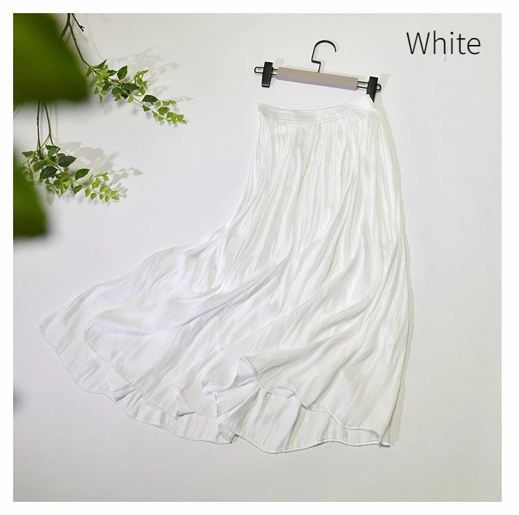 Summer Silky Skirt Elastic High Waist Glossy Silky Long Skirt Milk Silk A-line Long Skirts Women Beach Pearlescent Dress