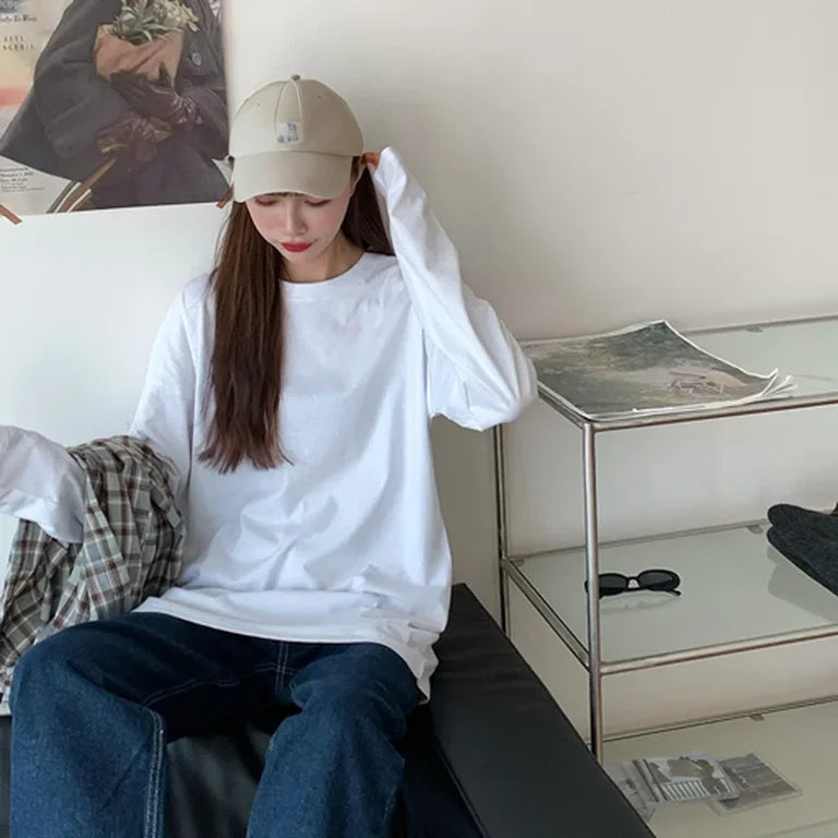 White Pure Color Women T-shirt Student Early Autumn Long Sleeve Tank Top Casual Style Polyester Fabric Comfortable Slim Fit