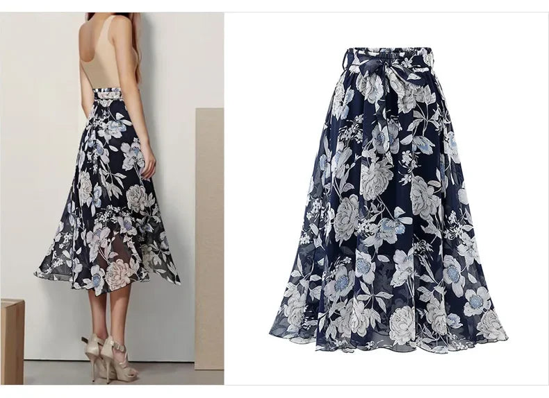 Women Chiffon Half-body Skirt,Female Summer Section of The Medium-length Floral Skirts High-waisted A-line Yarn Skirt Asian Size