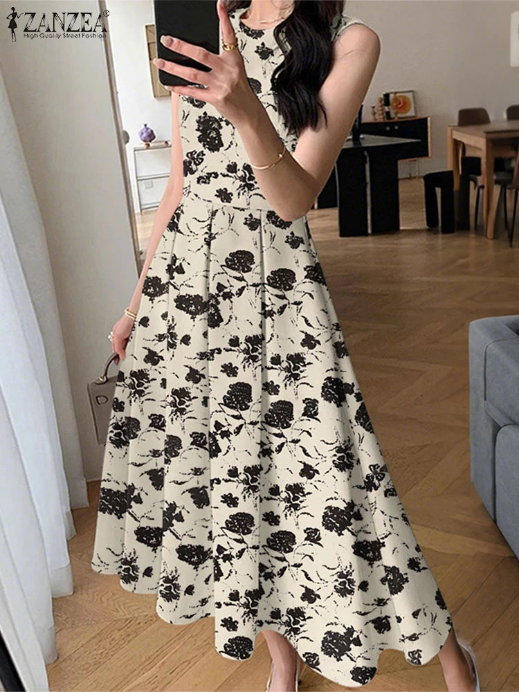 ZANZEA Women Sleeveless Pleated Dress 2024 Summer Korean A-line Tank Evening Dress Elegant Swing Vestido Vintage Party Long Robe